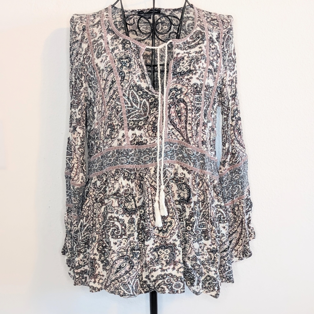 American Eagle Peasant Blouse Size S Paisley Long Bell Sleeve Top